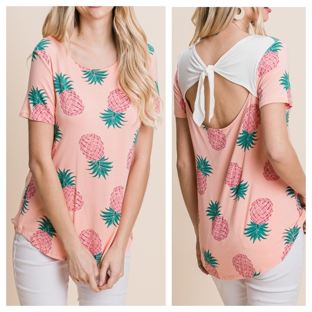 18 bright peach pineapple print open back short sleeve tunic top - Picture 1 of 3